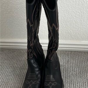 Black Western Embroidered Knee Boots